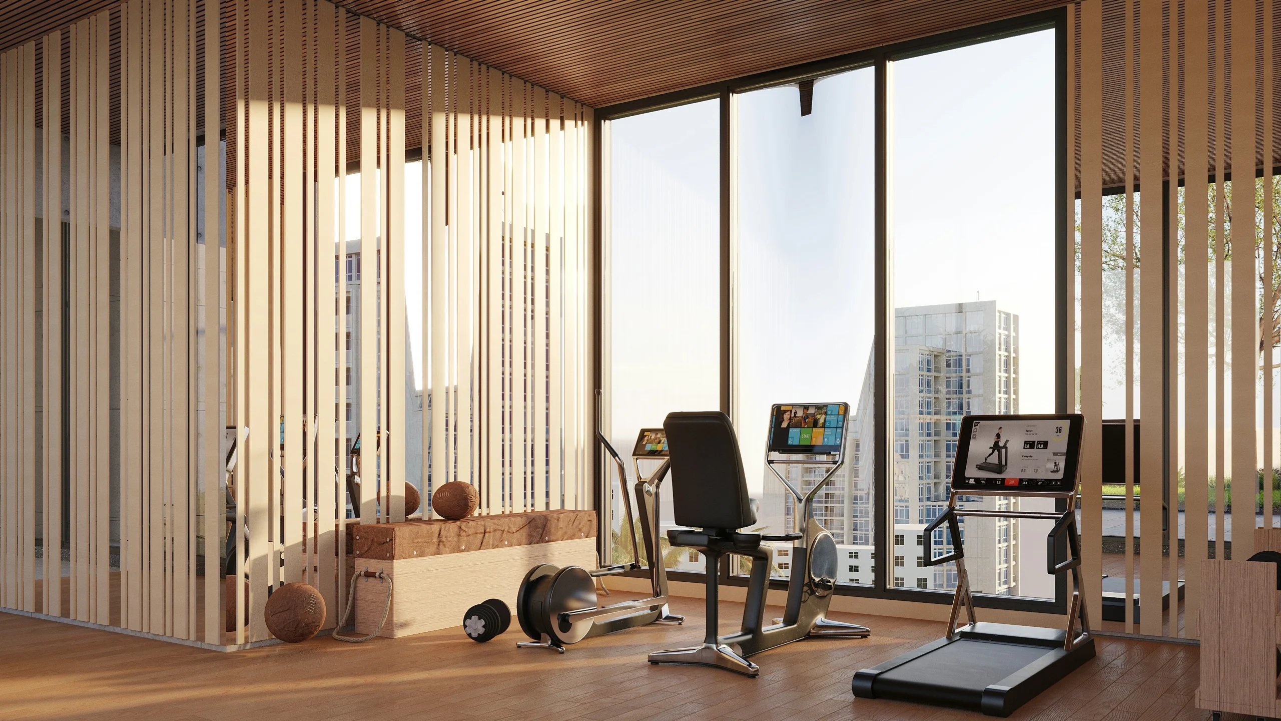 Gym home combining various cardio and strength equipment with city skyline view