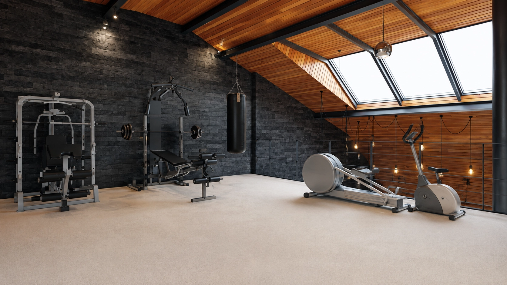 Gym home with used strength training equipment, rower, and exercise bike in attic space