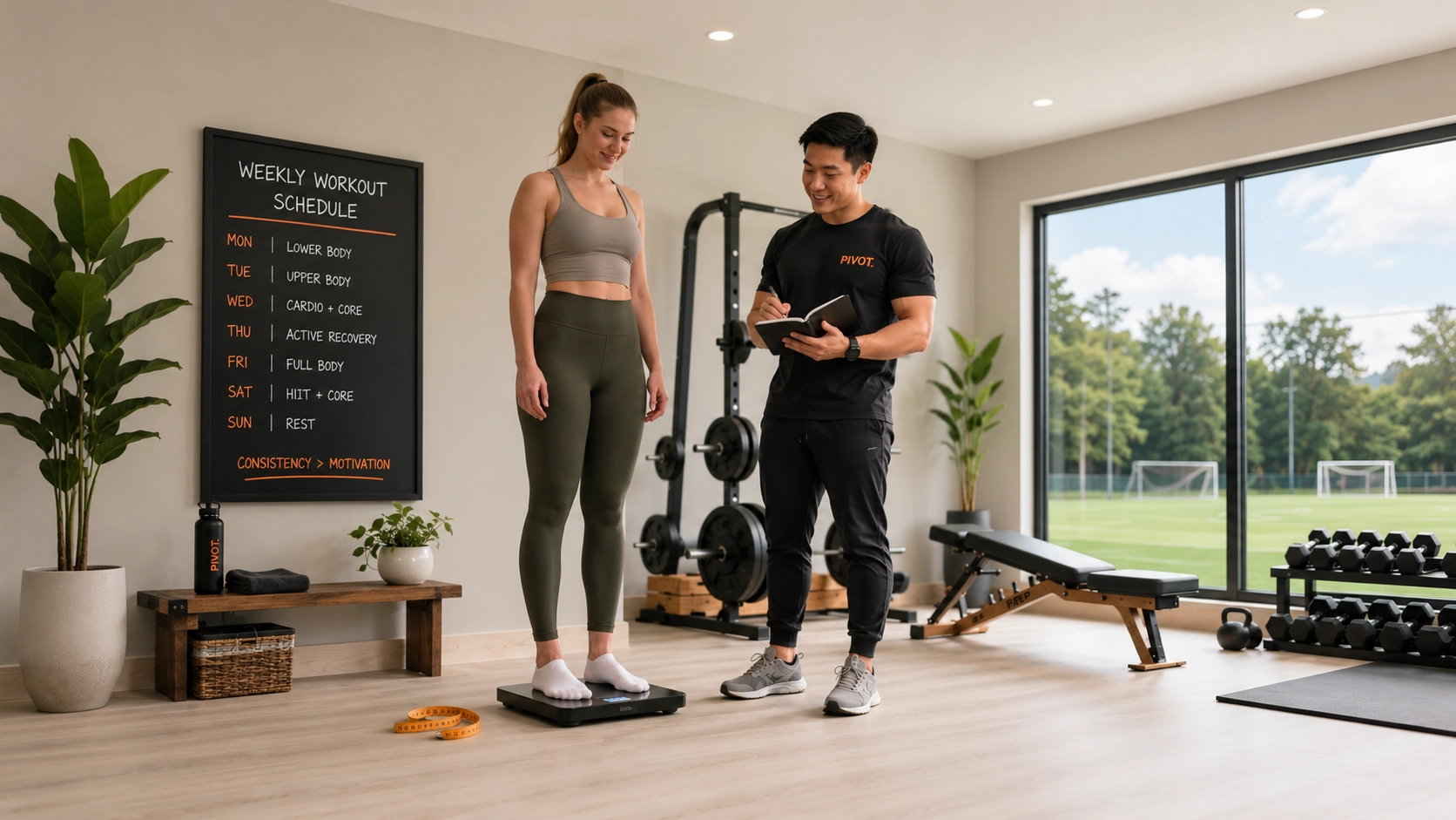 Ideal Weight Calculator Person checking their weight on a scale in a home gym with her personal training