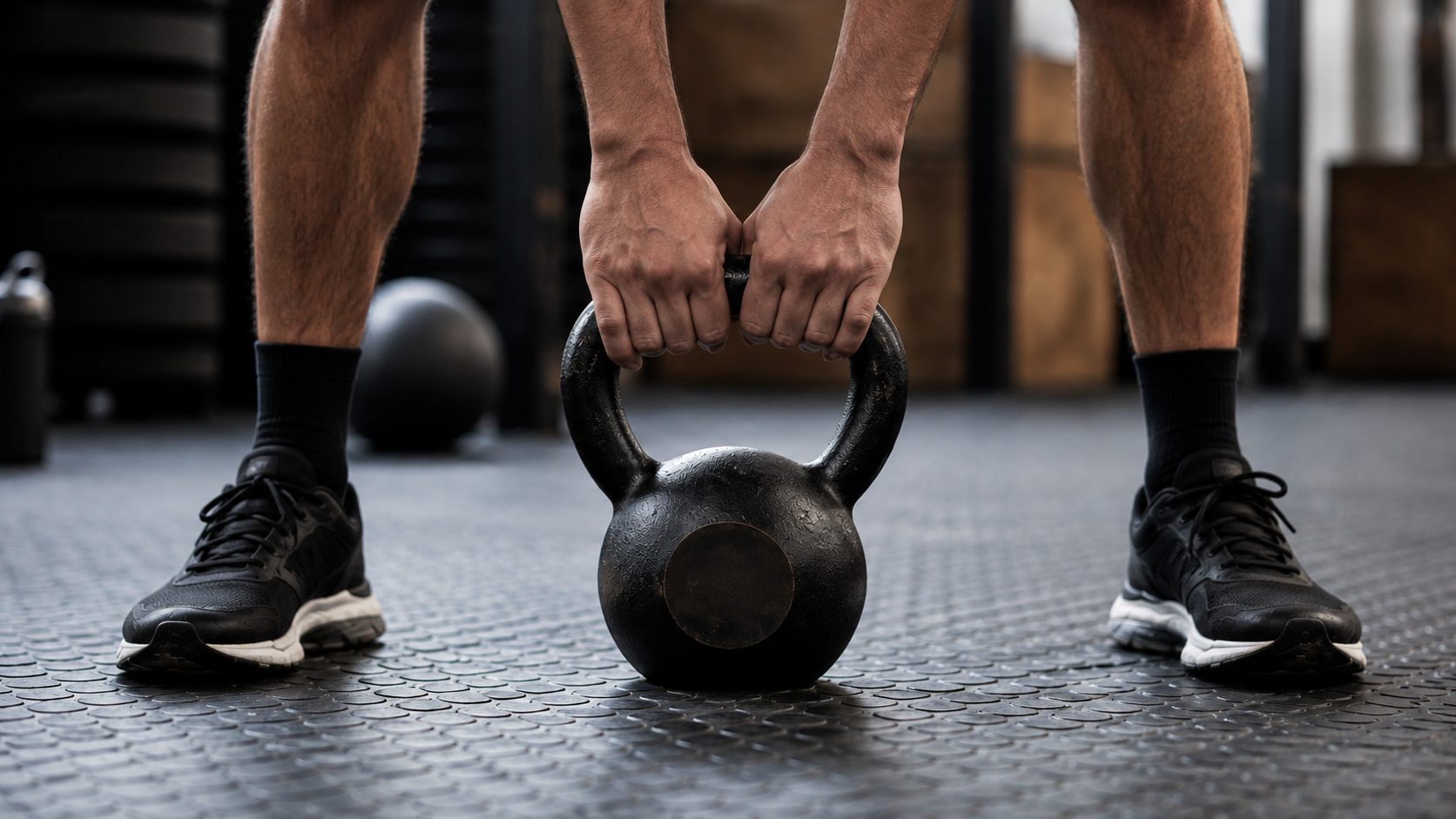 Man holding a black kettlebell during a strength training workout on a gym floor mat