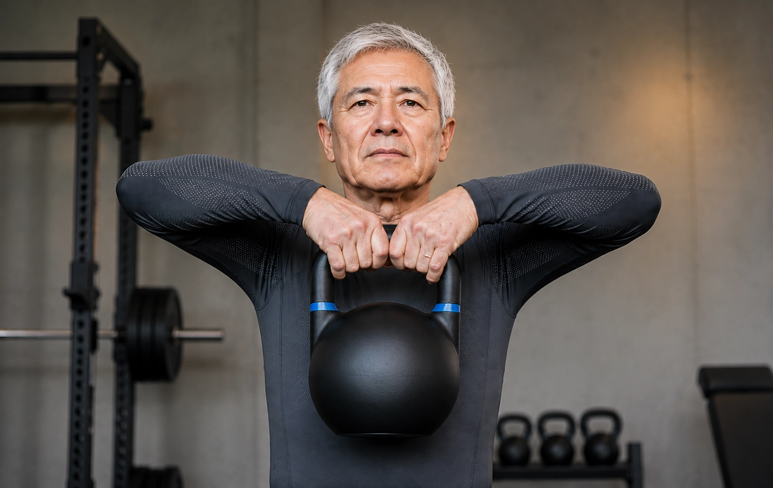 Senior man performing a kettlebell exercise demonstrating functional strength and stability in a gym home setting