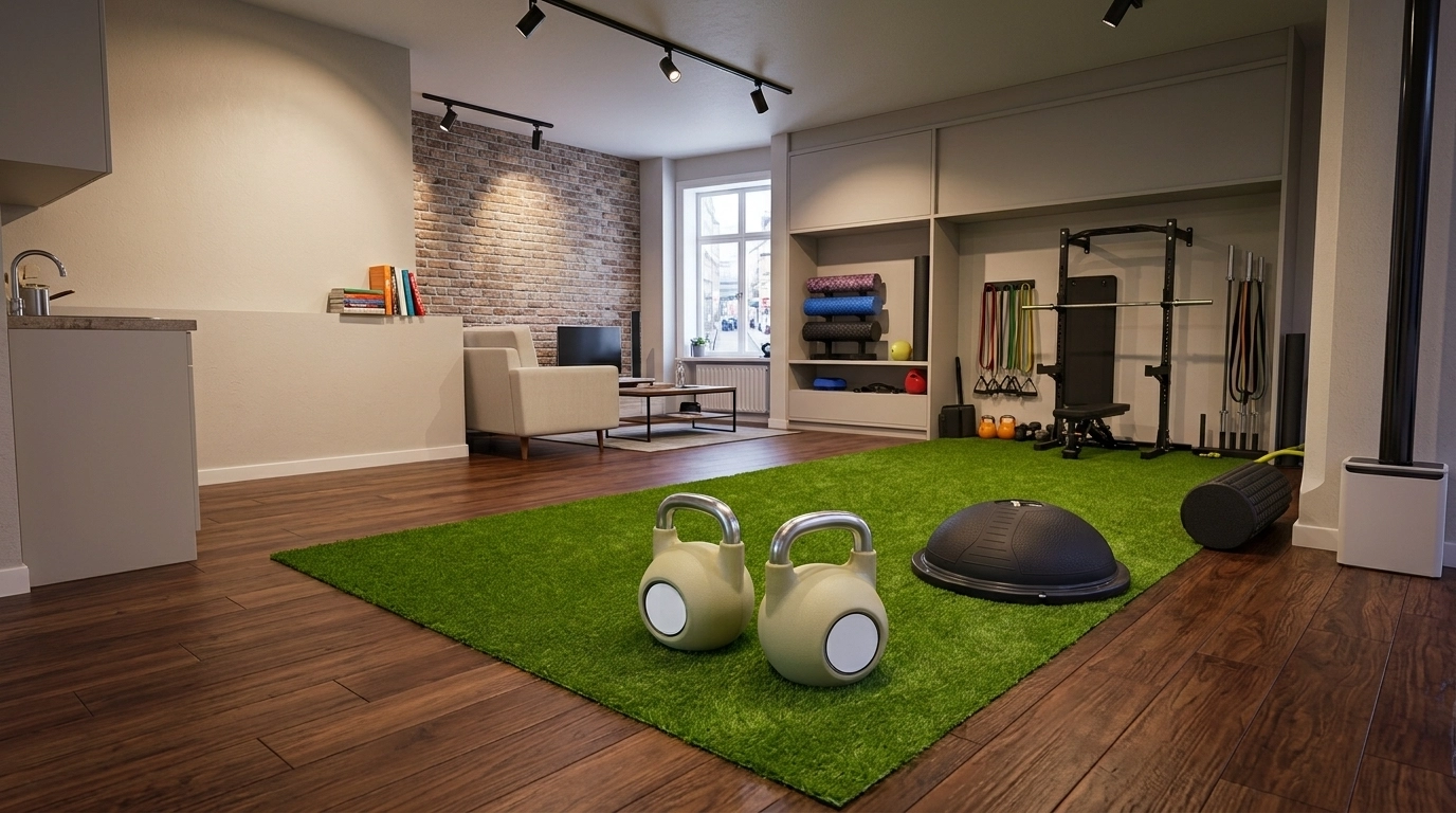 Cream-colored kettlebells with flat base design displayed in a modern gym space with artificial turf and training equipment