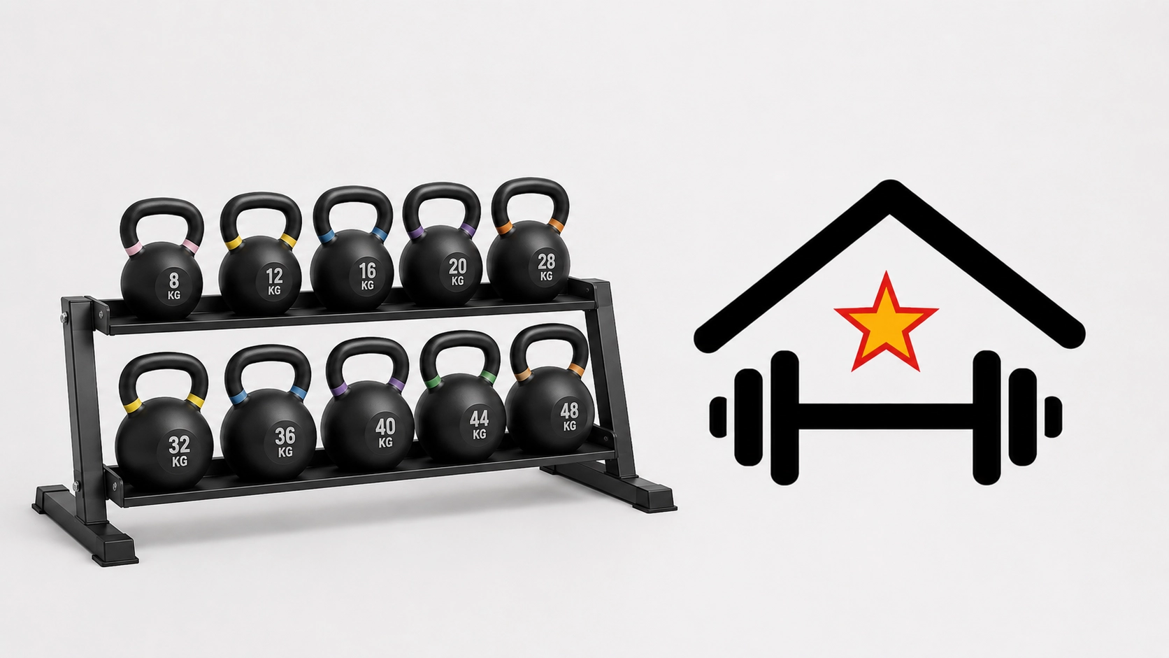 Kettlebells Complete kettlebell set with color-coded handles and two-tier storage rack featuring progressive weight increments for functional training