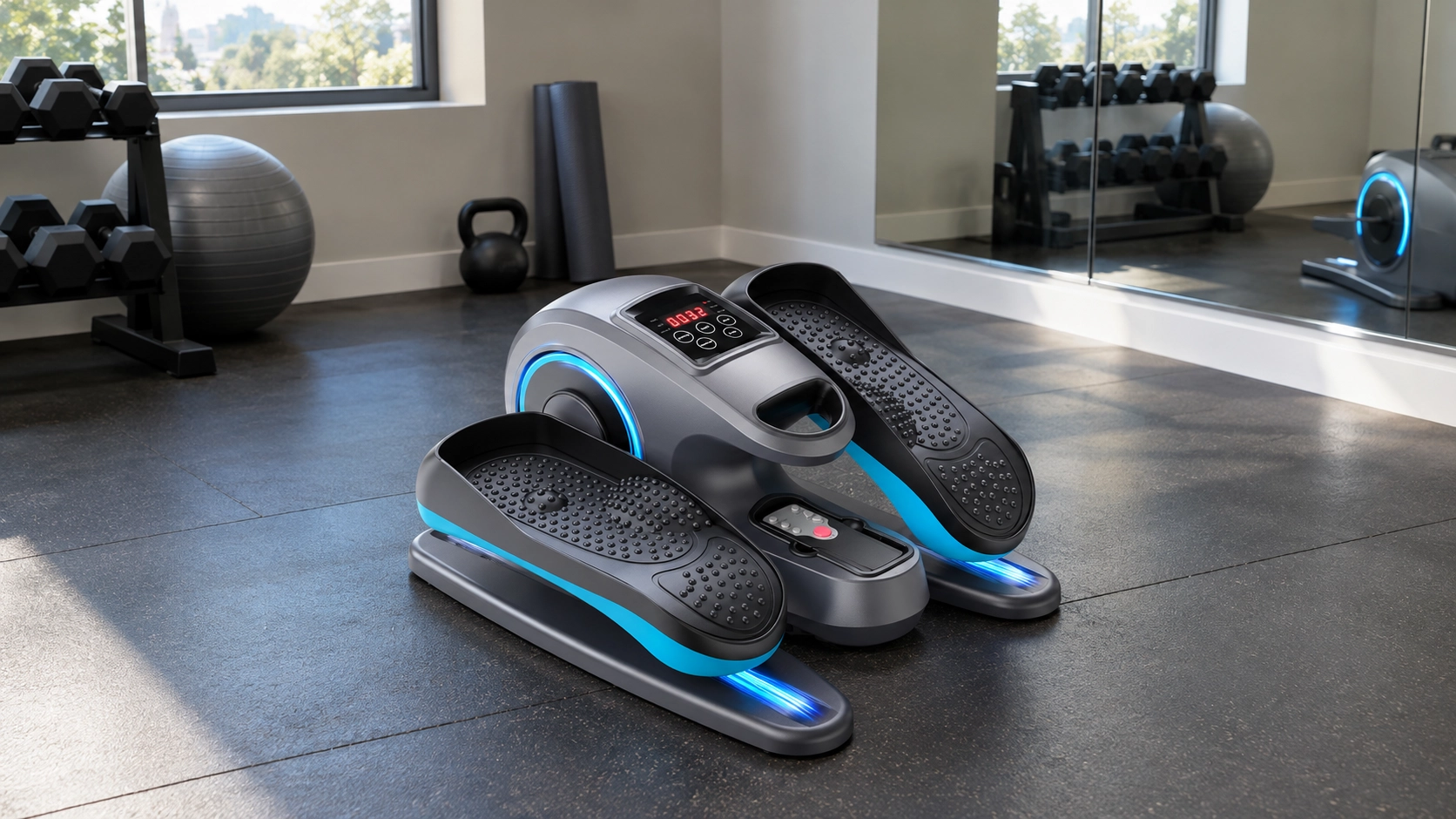 Mini Steppers under 150 Multiple mini steppers with digital display in a modern home gym surrounded by dumbbells and fitness equipment