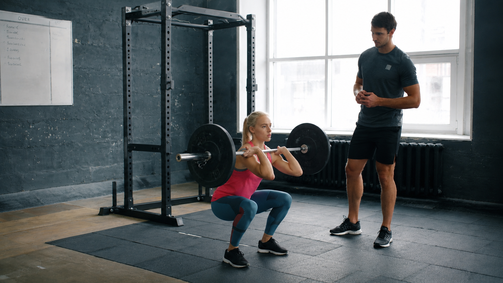 Woman performing barbell squat in power rack with trainer guidance