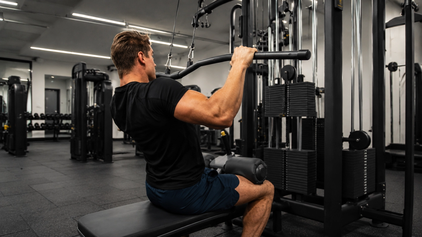 Man performing a lat pulldown exercise on a cable machine with integrated weight stack in a commercial gym