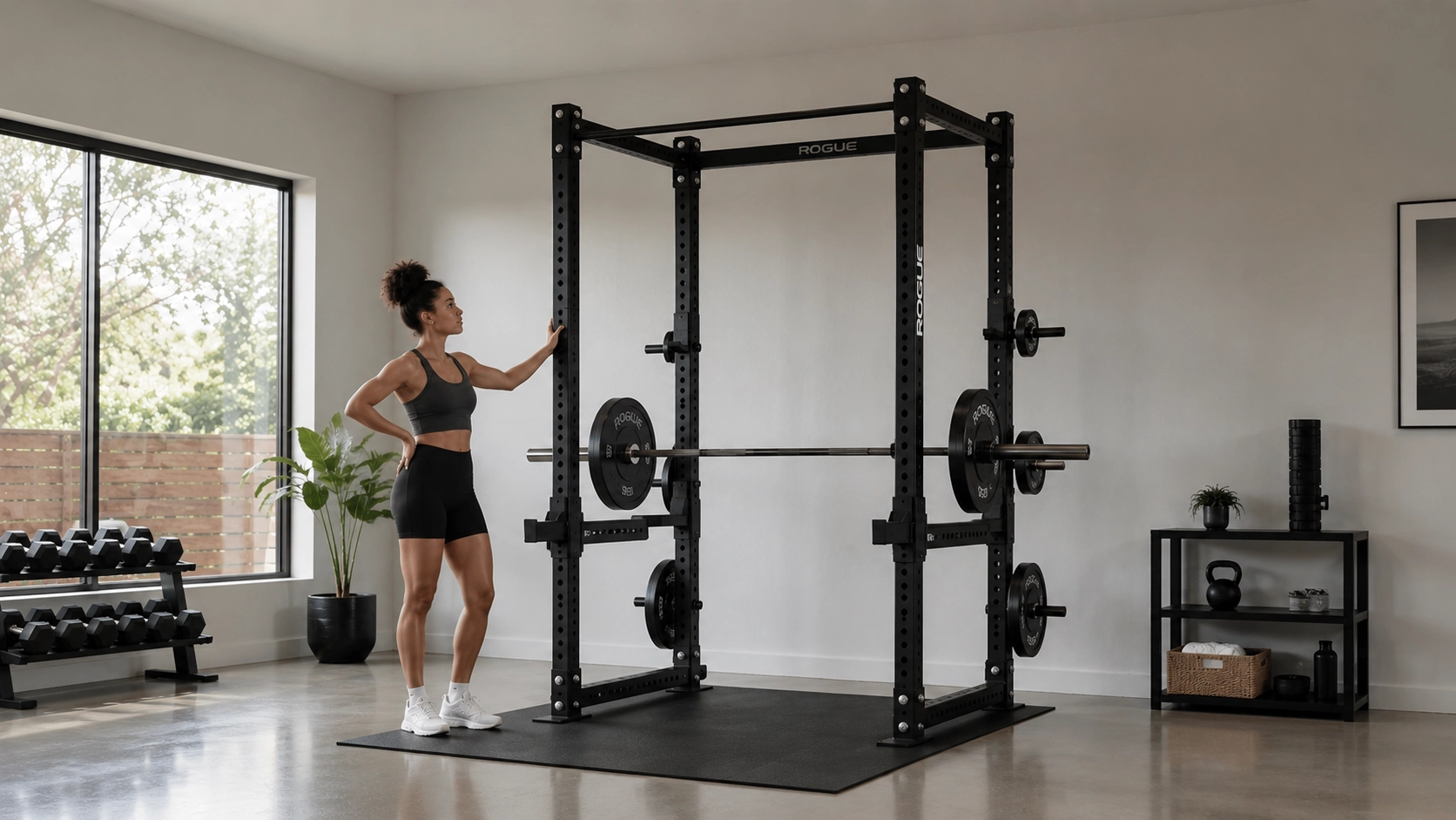 PR buying guide Woman examining the pull-up bar and safety spotter arms of a power rack in a home gym