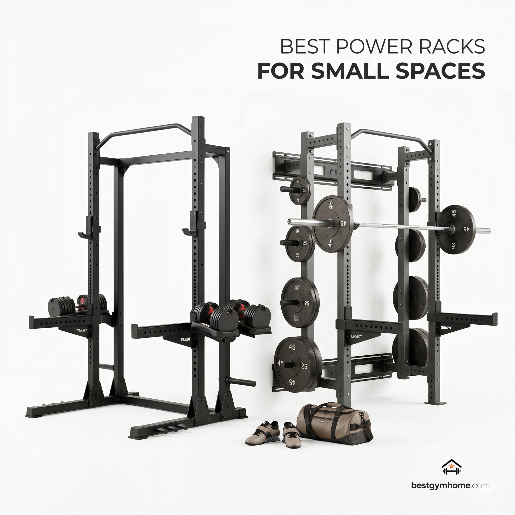 PR small places Compact power racks with weights and adjustable dumbbells designed for small home gyms