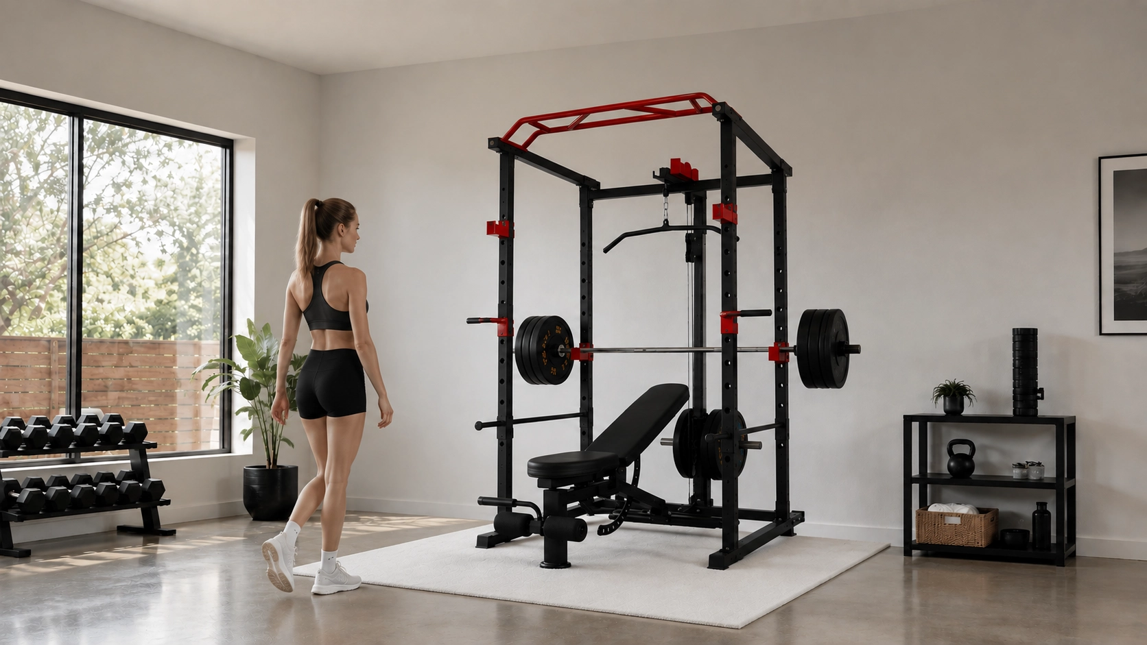 Woman walking toward power rack with adjustable bench and weights in bright home gym