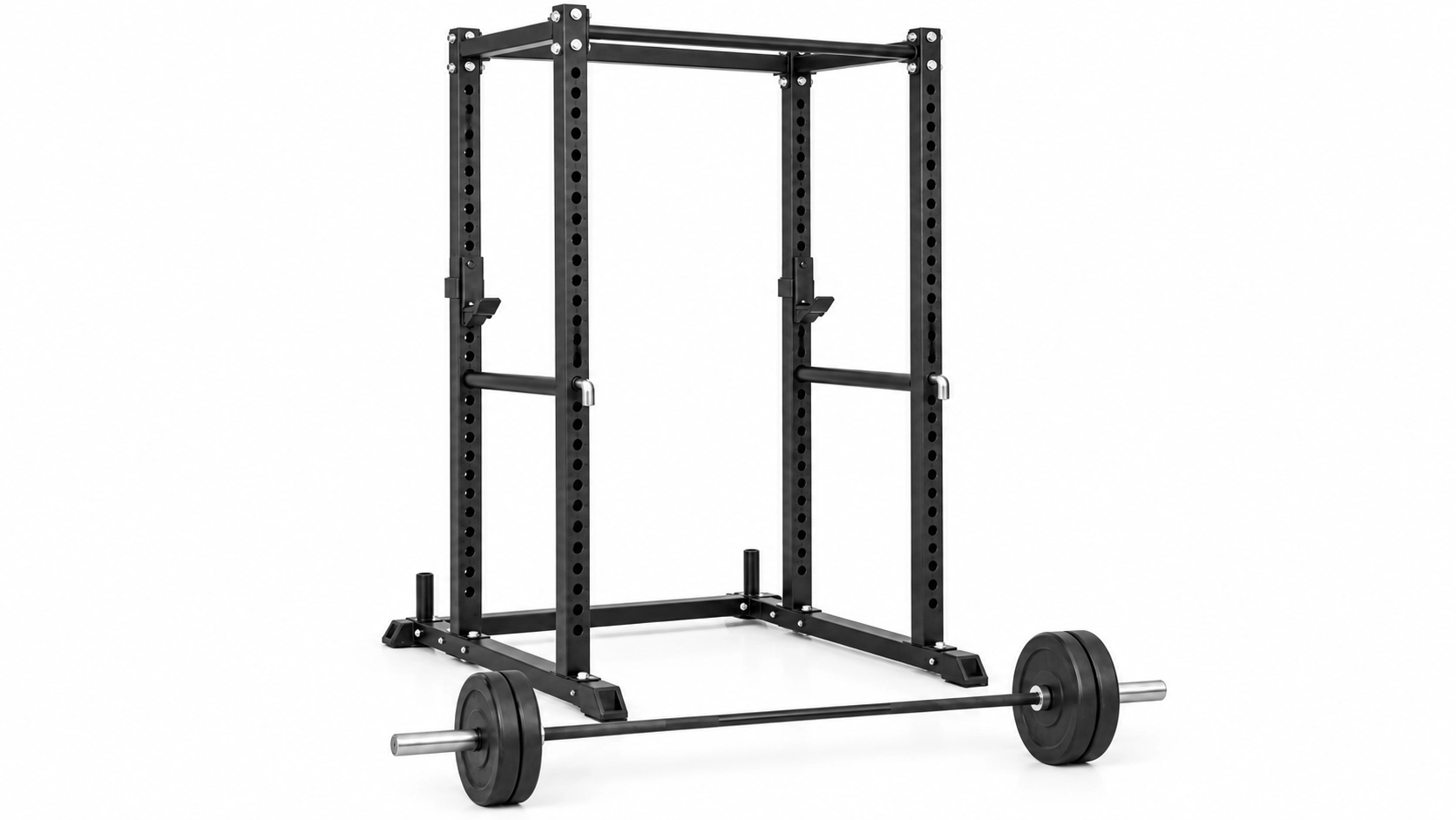 Black power rack with adjustable j-hooks and loaded barbell, designed for compound lifts like squats and bench press