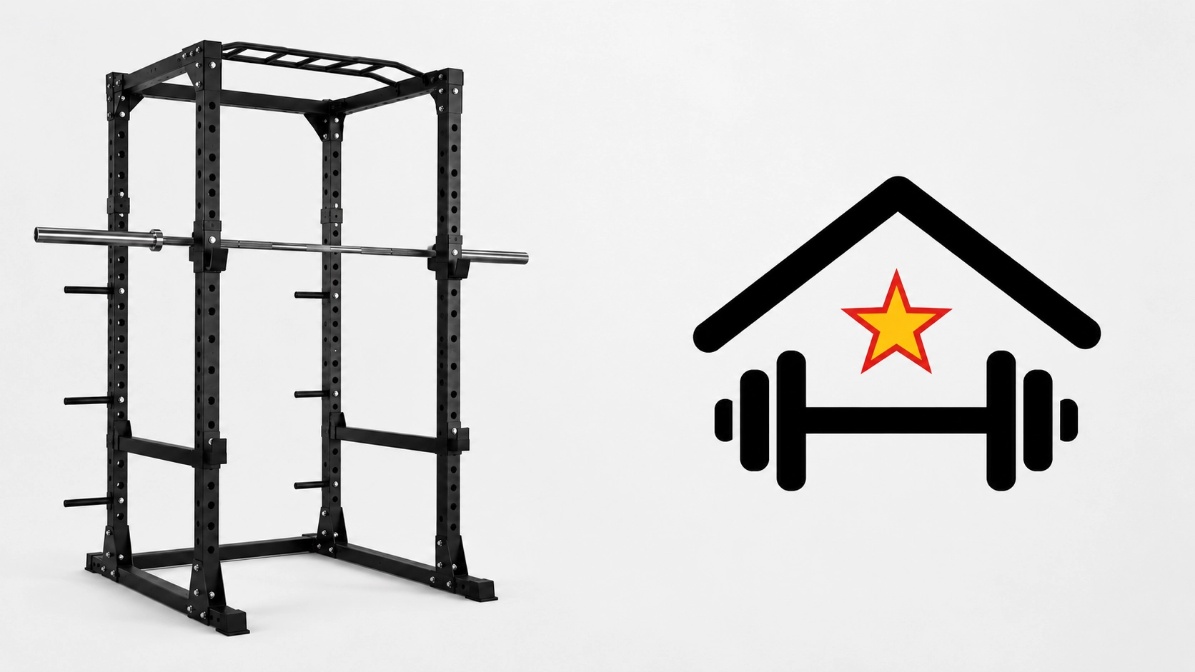 Black steel power rack with adjustable safety bars and j-hooks, designed for squats, bench press, and barbell training exercises in a home gym setting