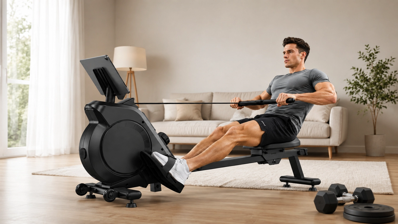 RM Lightweight under 200 Man using compact lightweight rowing machine in bright living room home gym