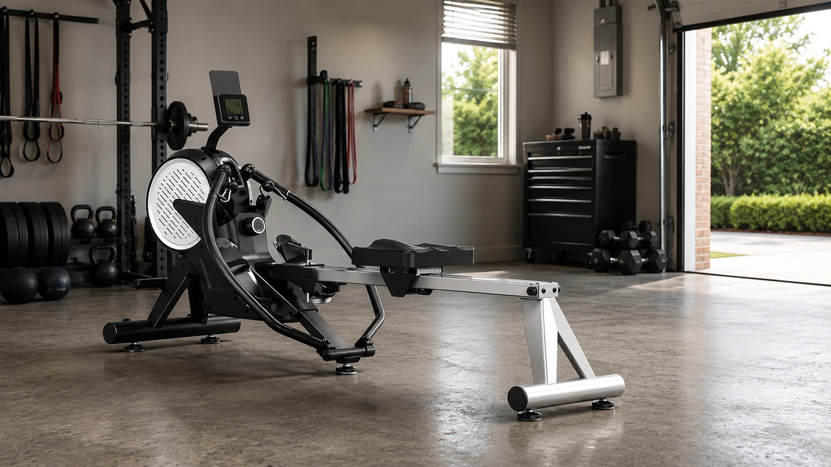 Low-noise rowing machine in a well-organized home gym with resistance training equipment and kettle bells