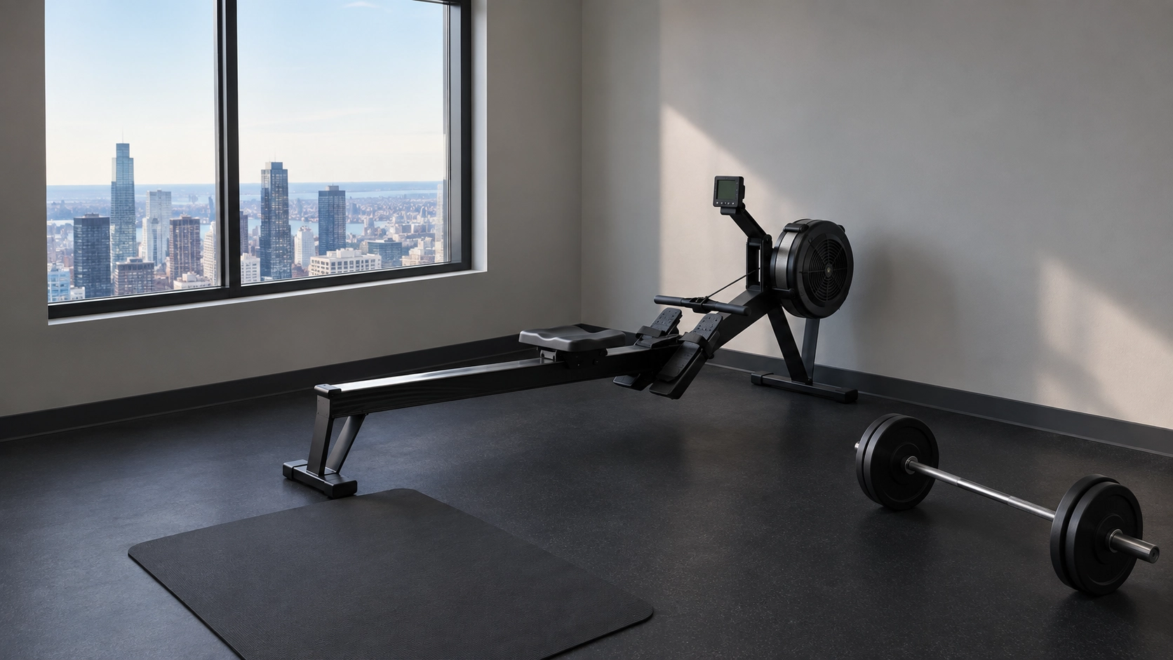 Quiet air resistance rowing machine in a high-rise apartment gym with city skyline view