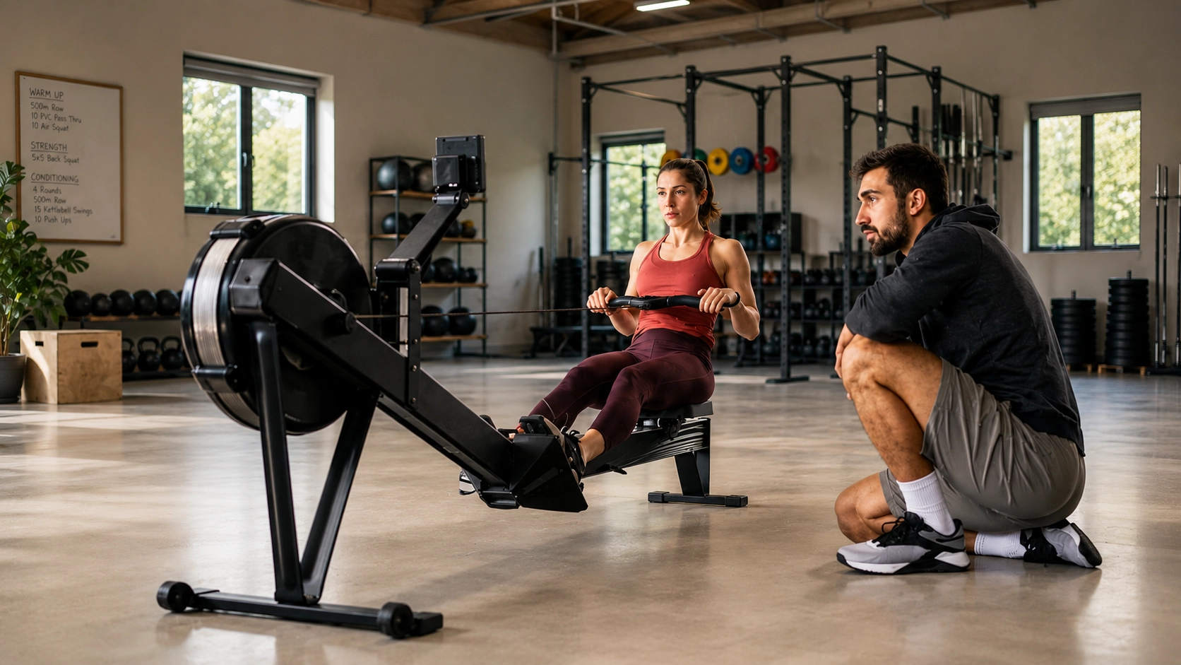RM for Beginners under 300 Woman using rowing machine with trainer guidance in well-equipped gym