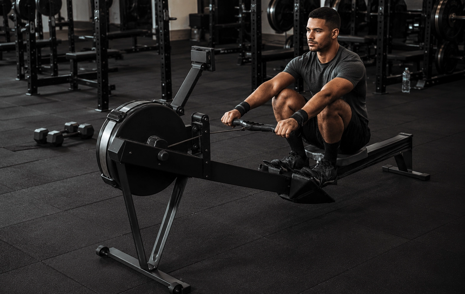 Man using a rowing machine in a gym for effective weight loss and full-body cardio training