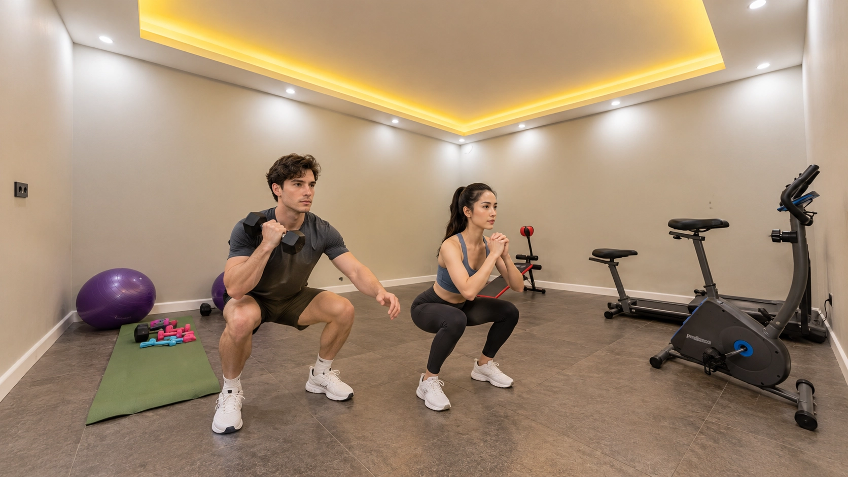Male and female athletes performing controlled squat movements with proper form in a modern home gym equipped with stability ball, dumbbells, and cardio machines
