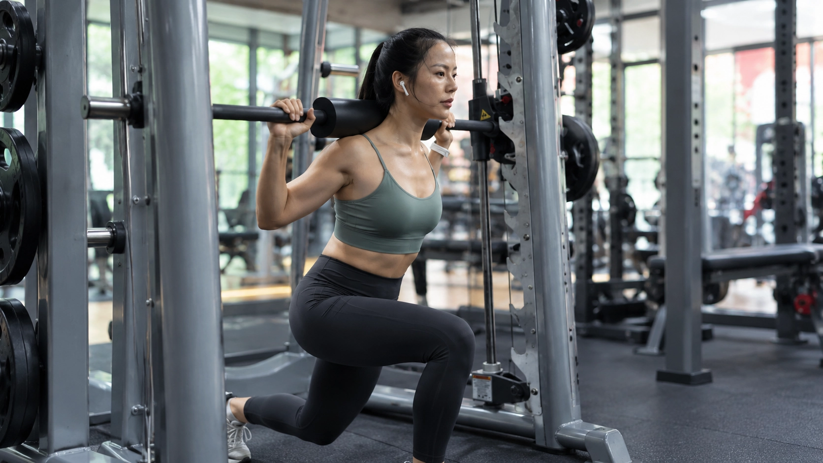 RP SM Workout Recovery Woman performing Smith machine squat with proper form and controlled movement for lower body strength training