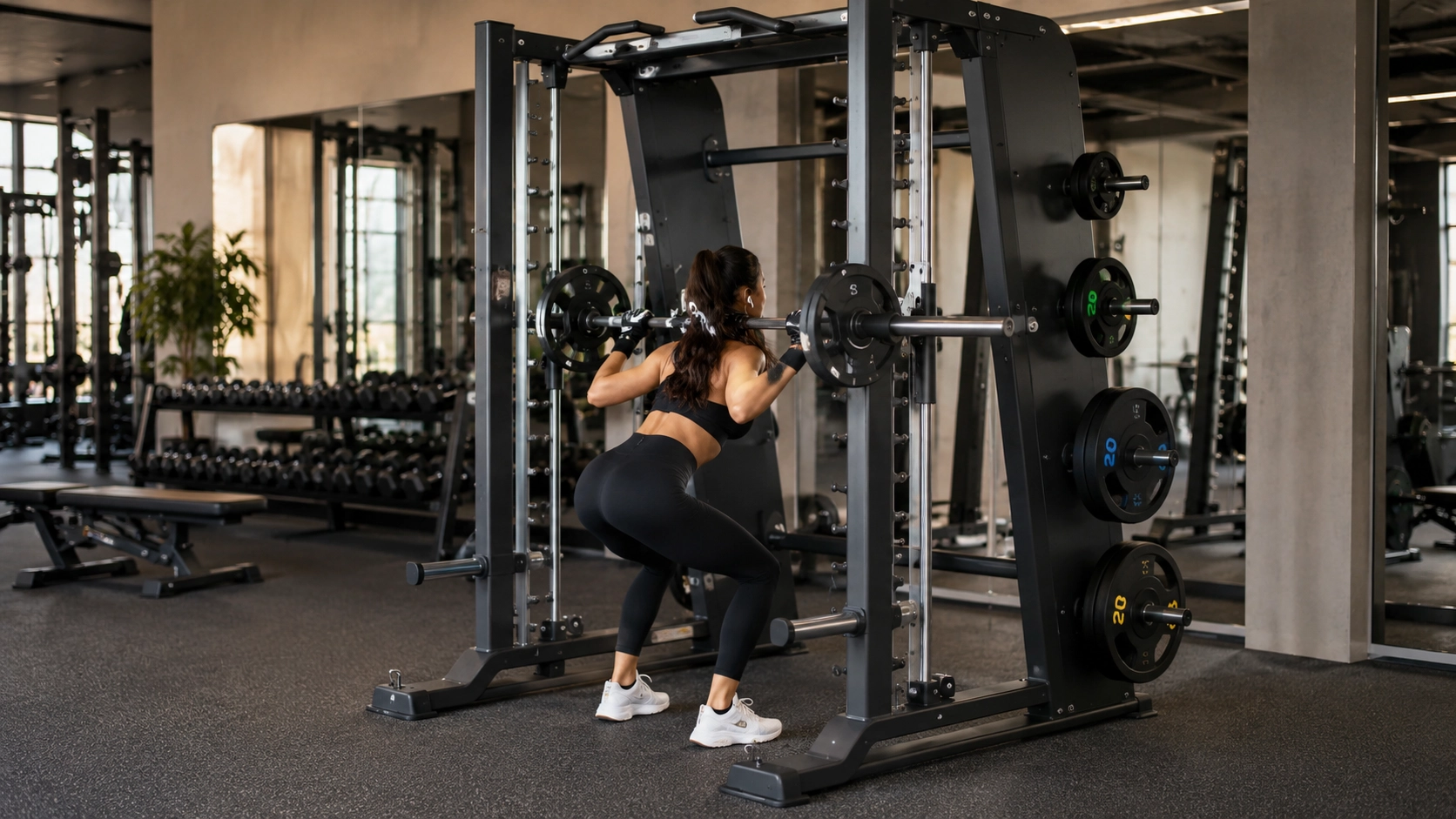 Woman performing squat exercise on all-in-one Smith machine in equipped gym