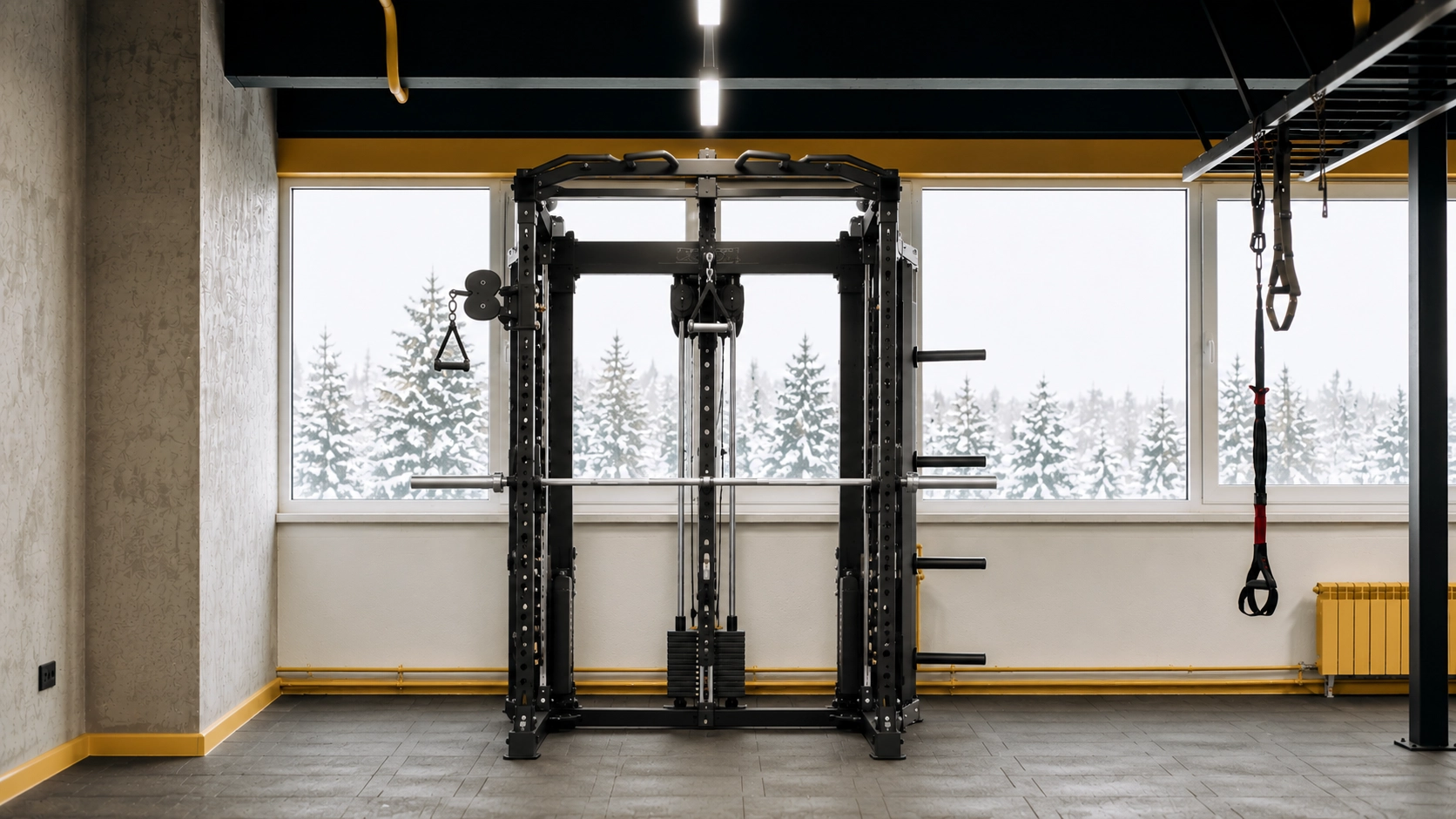 SM Cable Crossover System under 4000 Black Smith machine with integrated cable crossover system in a spacious gym room with large windows and mountain views