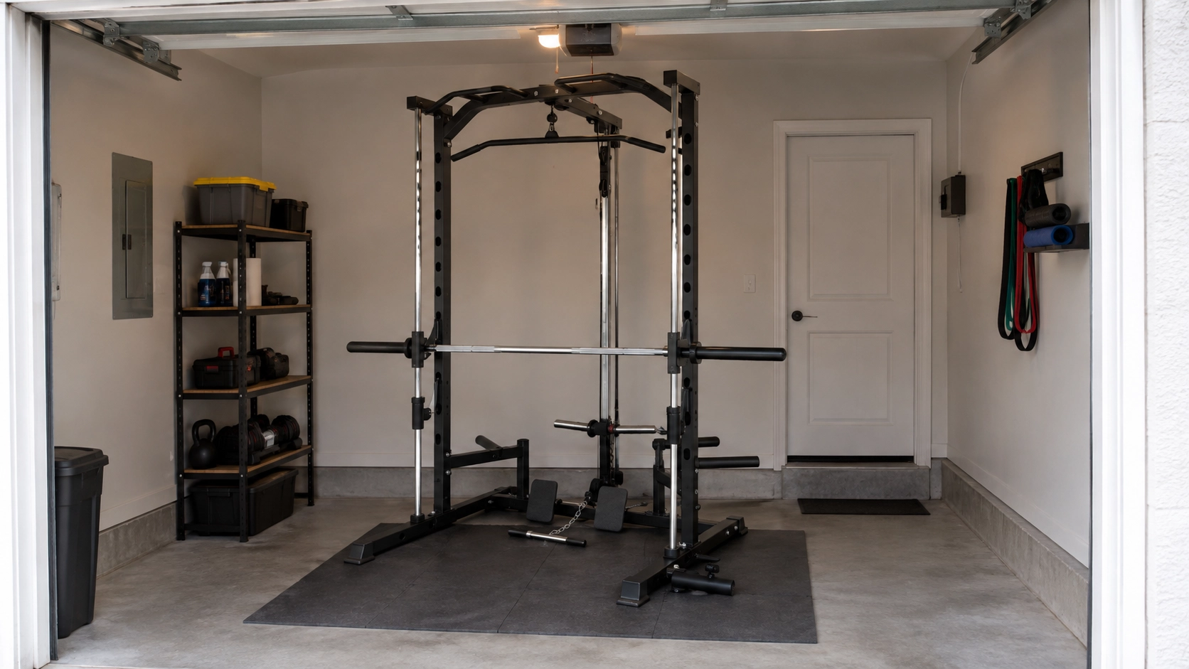 Compact Smith machine installed in a small garage gym space with organized storage shelving and minimal footprint, maximizing training capability in tight areas