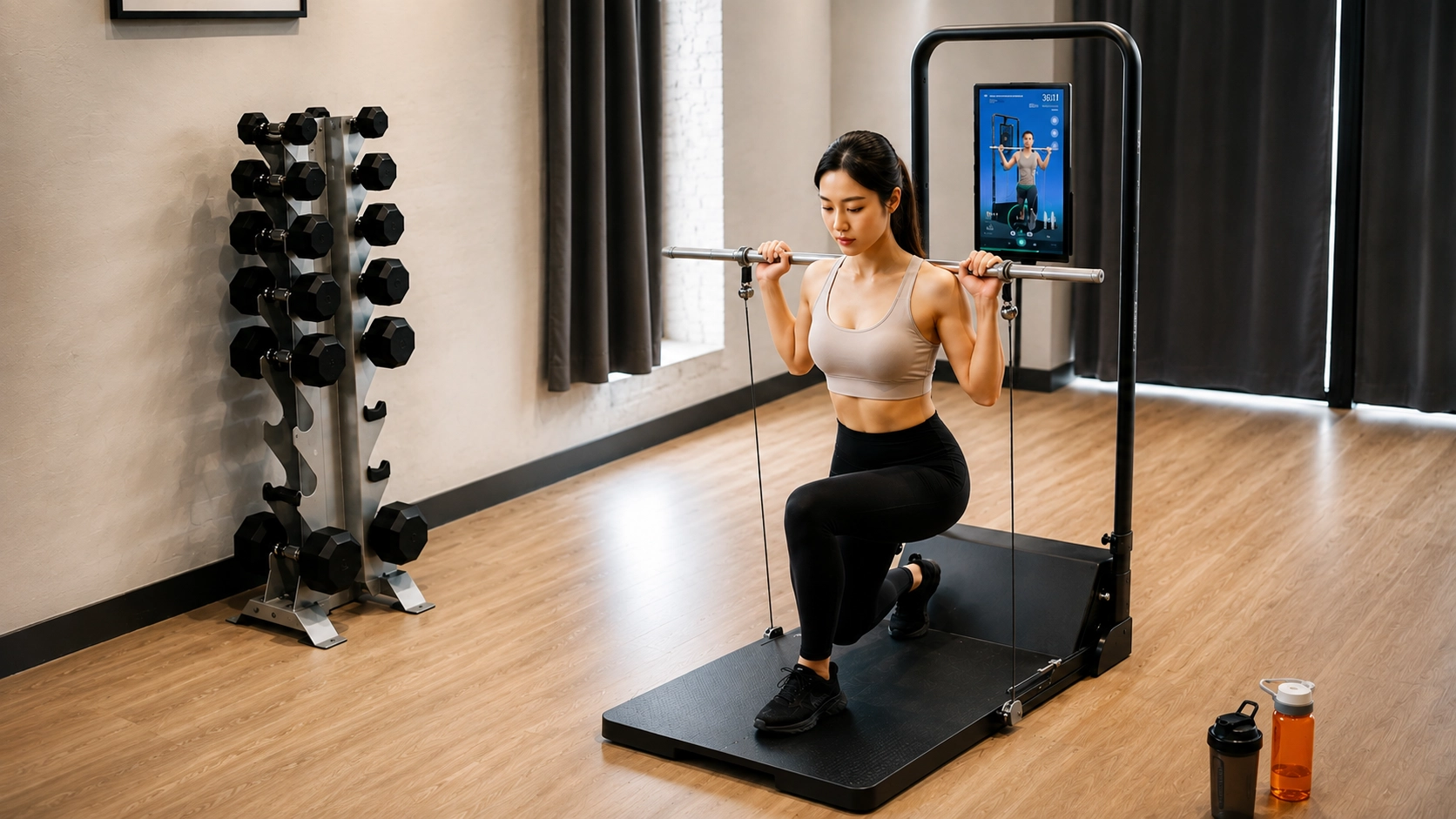 Woman performing lunge exercise on smart Smith machine with interactive digital display