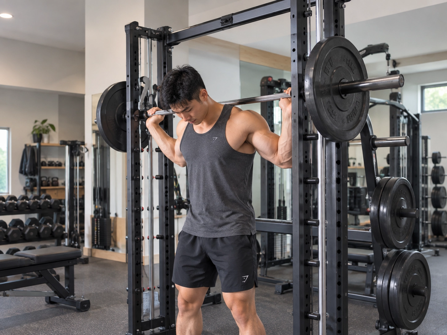 Man performing loaded barbell squat with proper form in power rack with cable attachment in fully equipped home gym