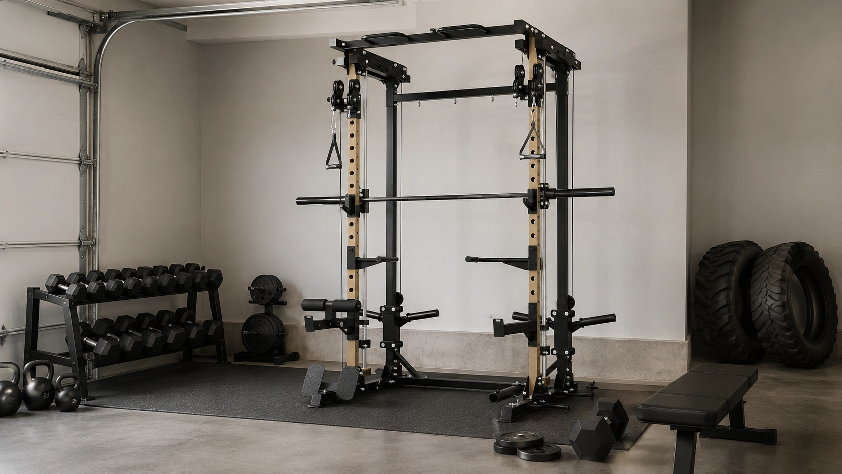 Smith machine with integrated lat pulldown attachment in a well-equipped garage gym with dumbbells and training bench