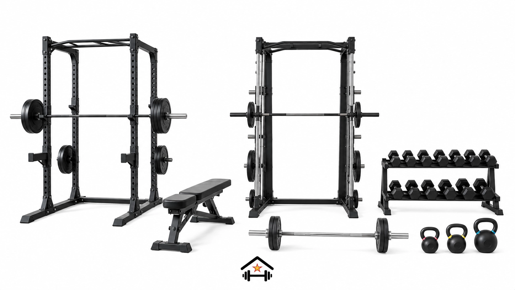 Complete strength equipment collection featuring power racks, adjustable weight bench, barbell plates, dumbbell set, kettlebells, and organized dumbbell rack in professional setup