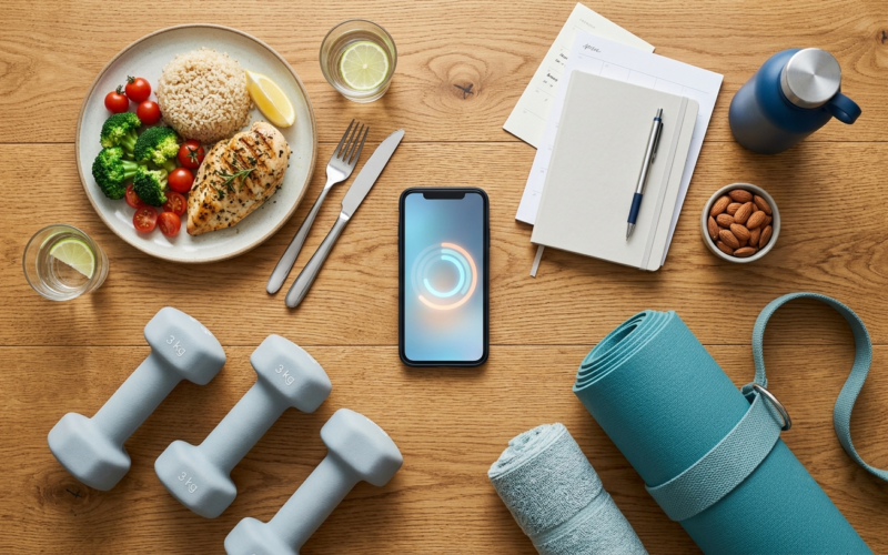 TDEE Calculator Flat lay of a balanced meal, workout equipment, and a tracking app representing total daily energy expenditure