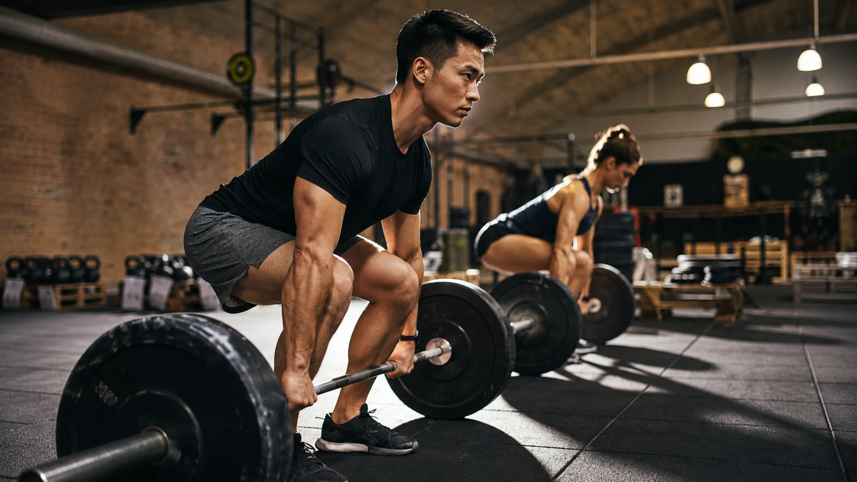 Man demonstrating proper barbell deadlift form with neutral spine and controlled movement in a group training setting