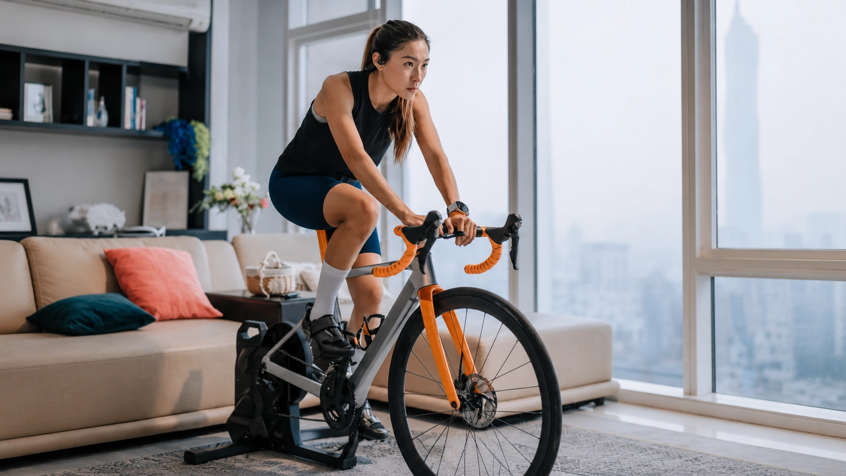 Woman riding road bike on indoor trainer stand in modern apartment with city view