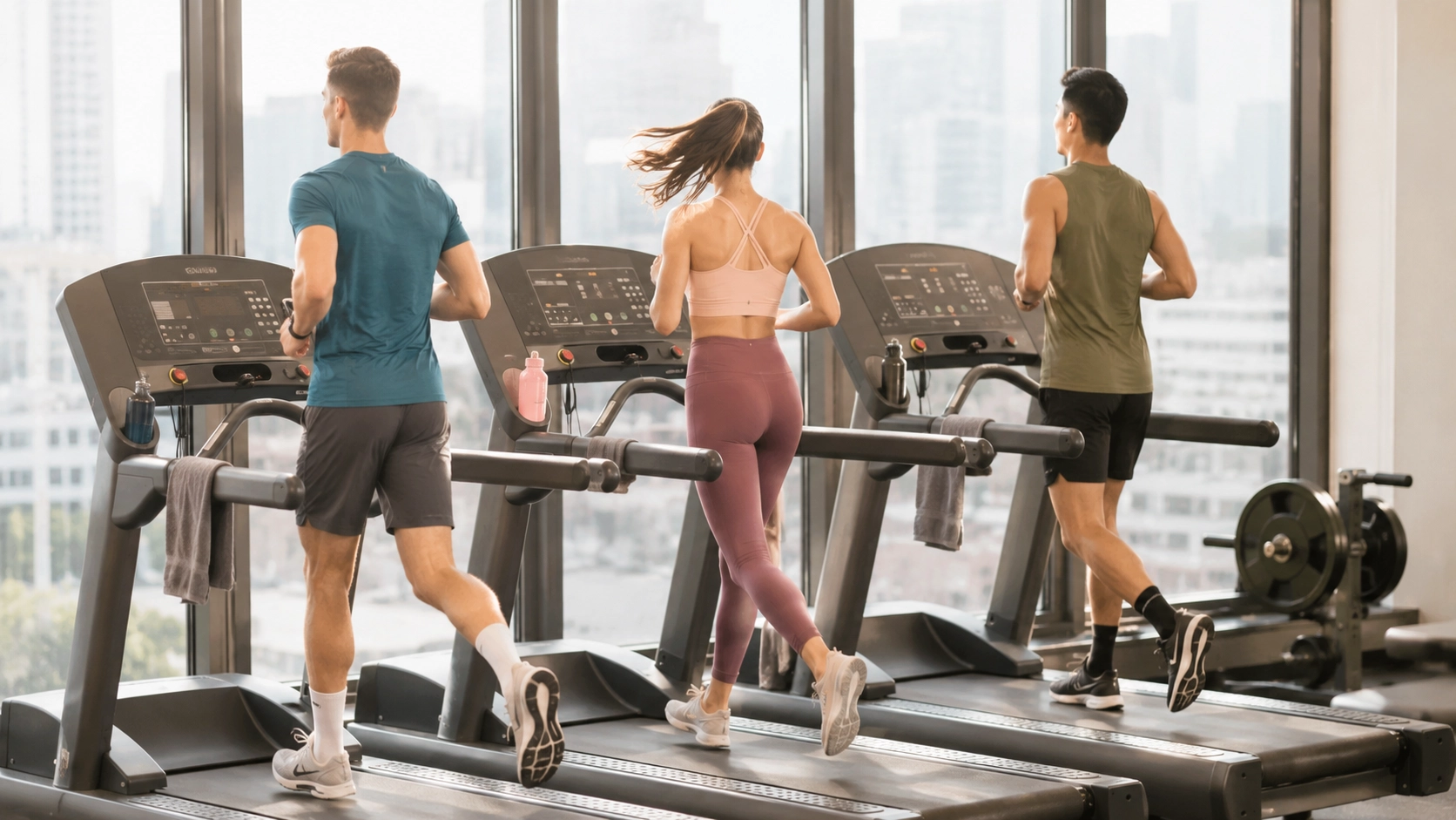Three people performing high-intensity treadmill workouts in a modern gym with city skyline views