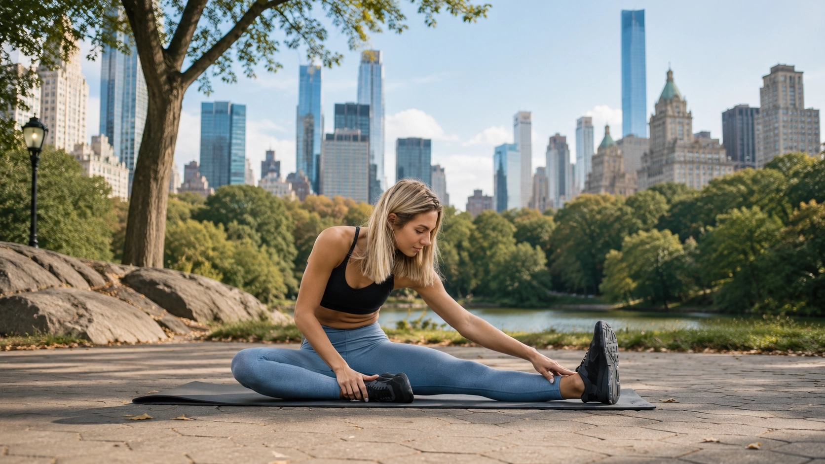 Woman performing hamstring stretch outdoors to prevent muscle soreness and improve flexibility