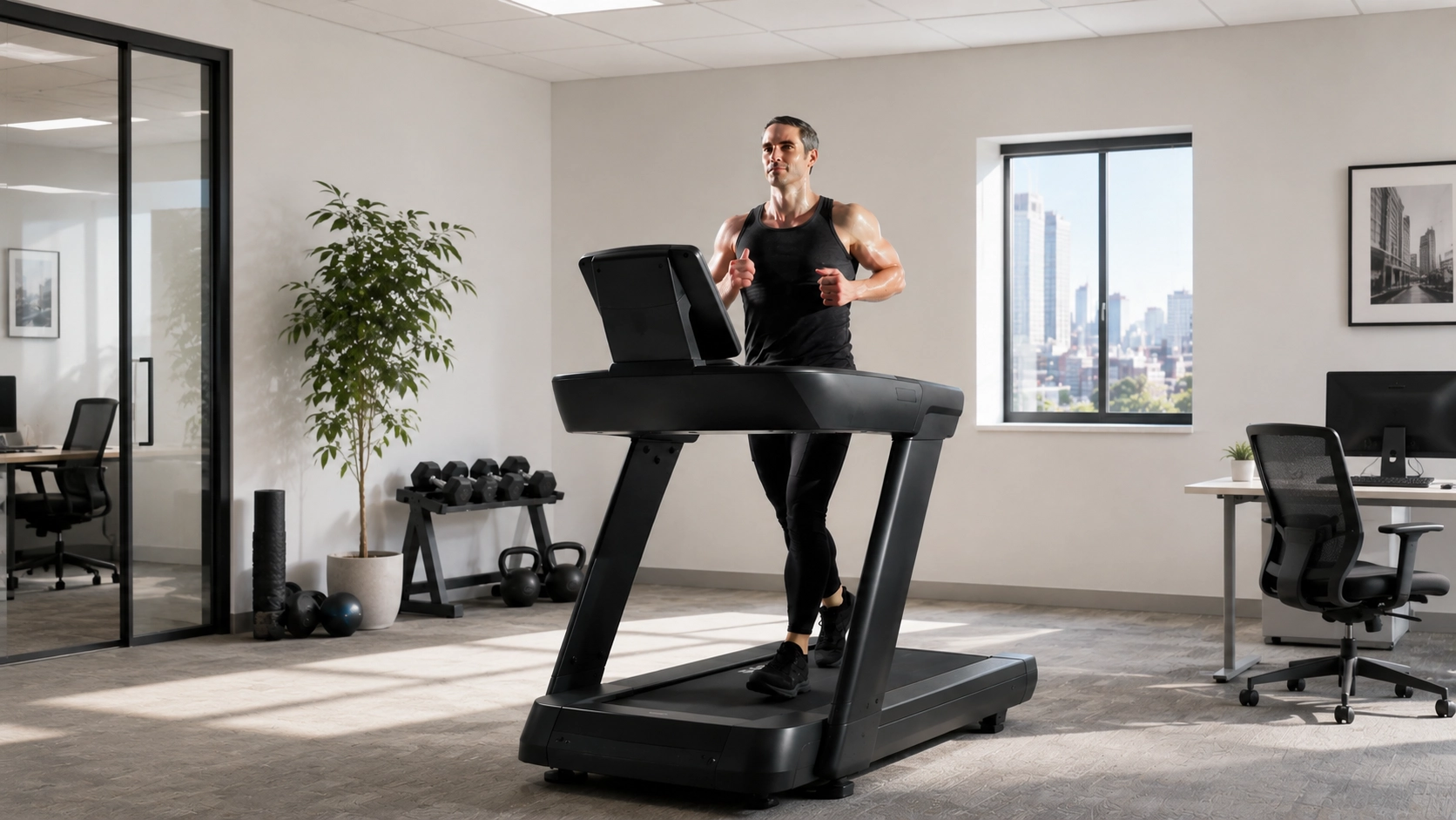 TM High performance NordicTrack Man running on high-performance treadmill in modern office gym with city skyline view