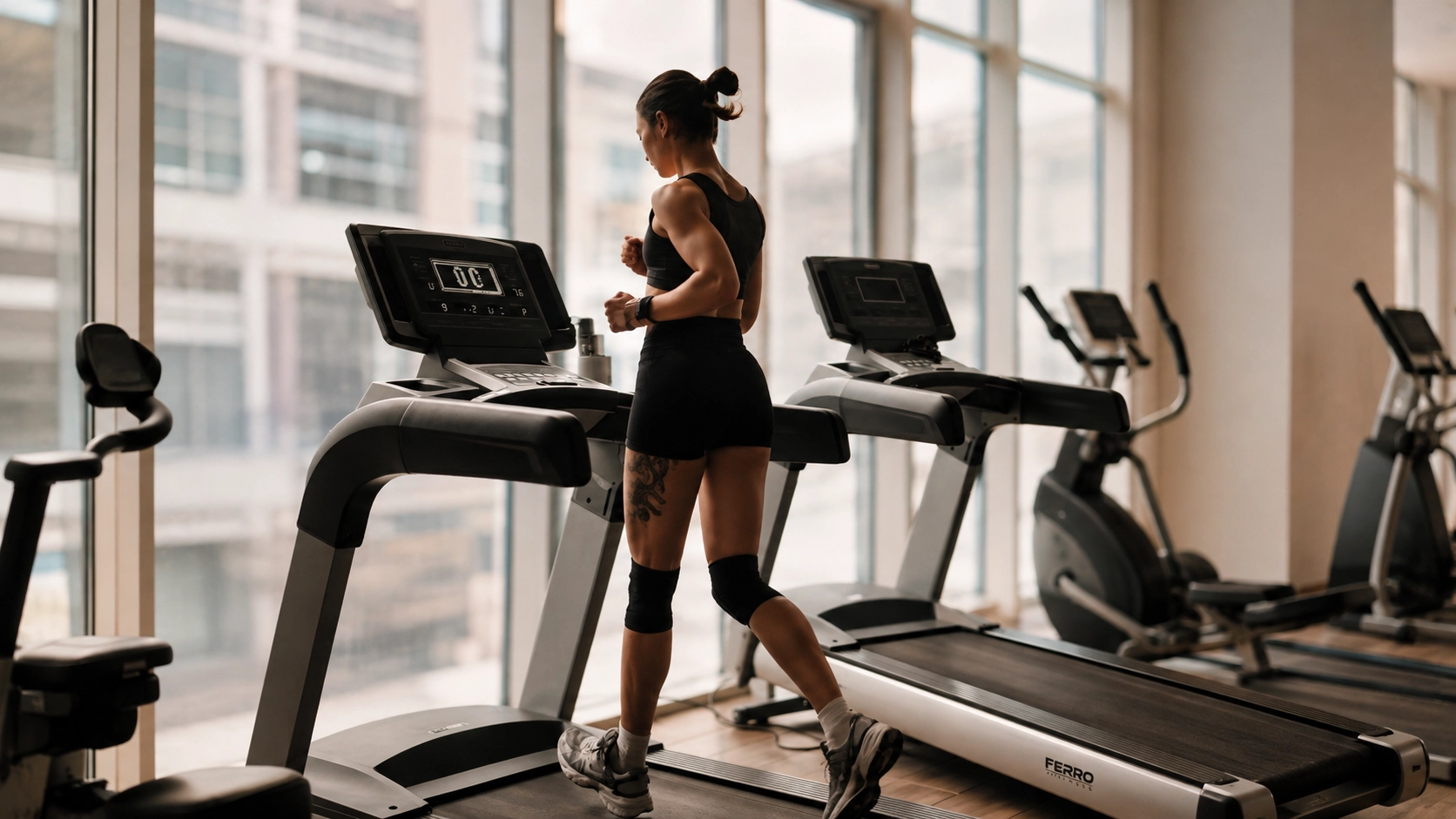 Woman jogging on a modern treadmill in a bright gym with multiple cardio machines and city views