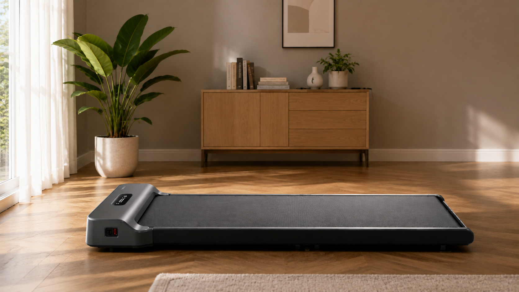 Black portable walking pad positioned in a modern home interior for convenient cardio and walking workouts