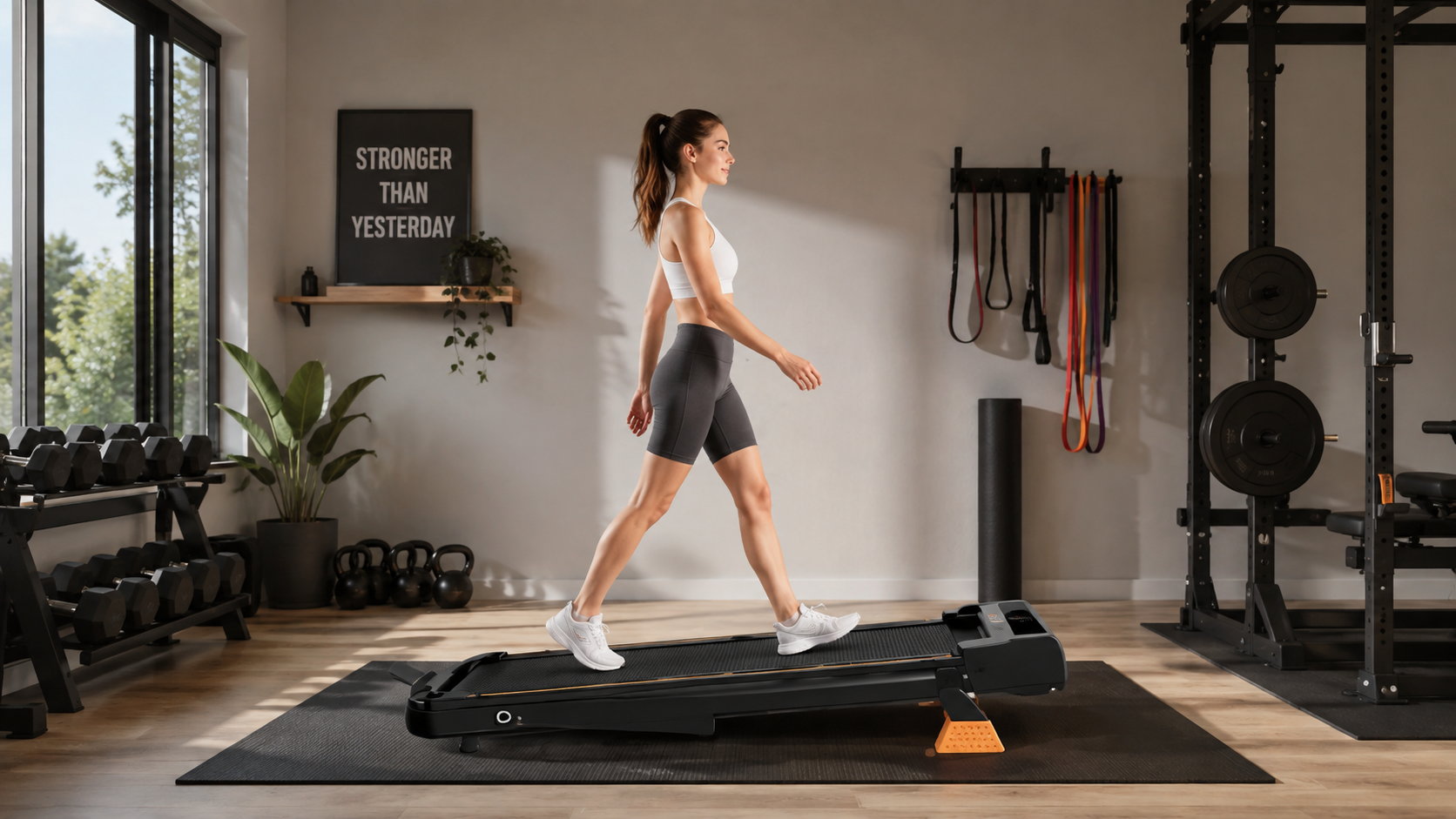 Woman walking on compact folding treadmill in fully equipped home gym with weights