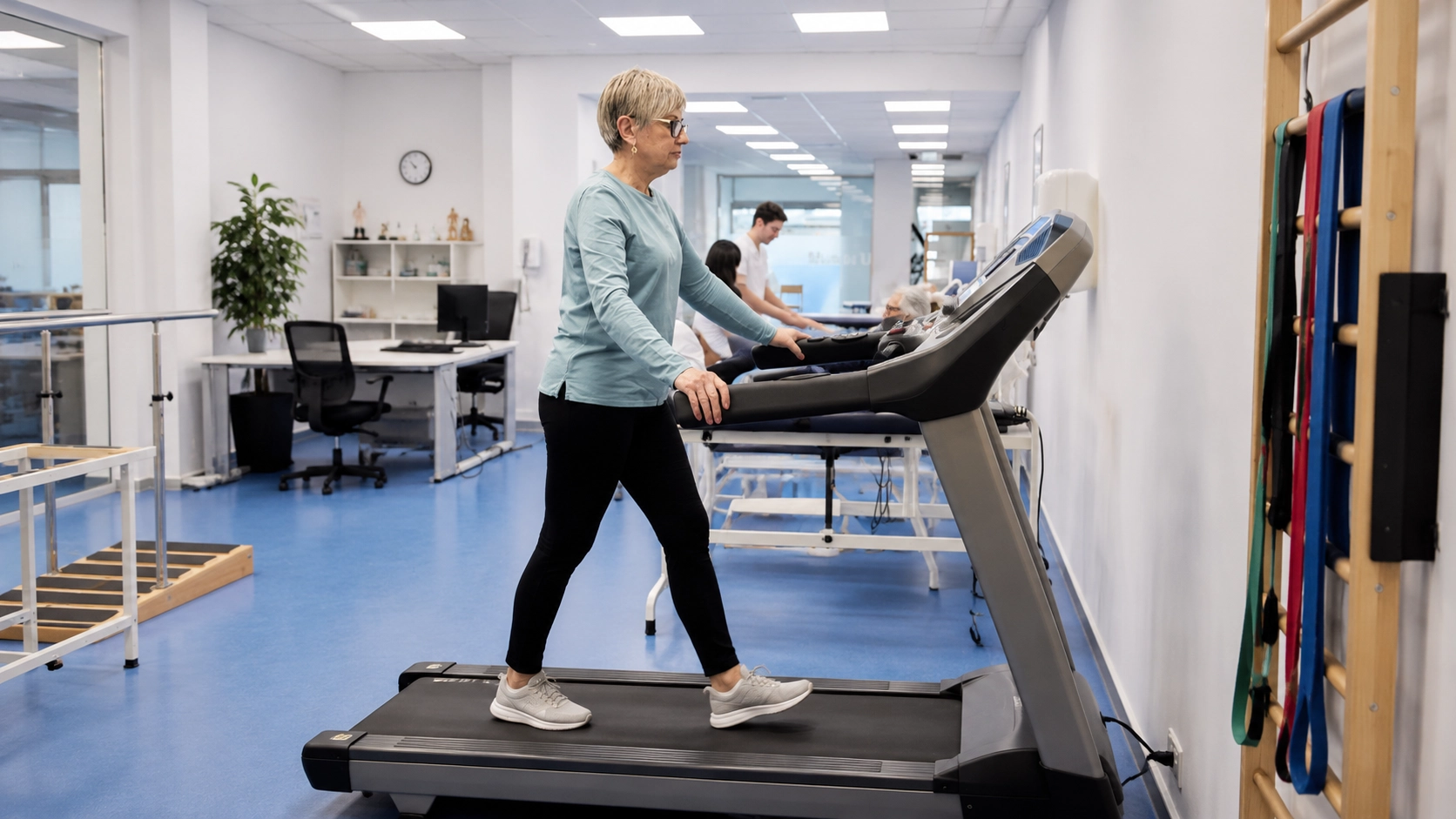 Older woman using treadmill with extended handrails for safe low-impact cardio workout