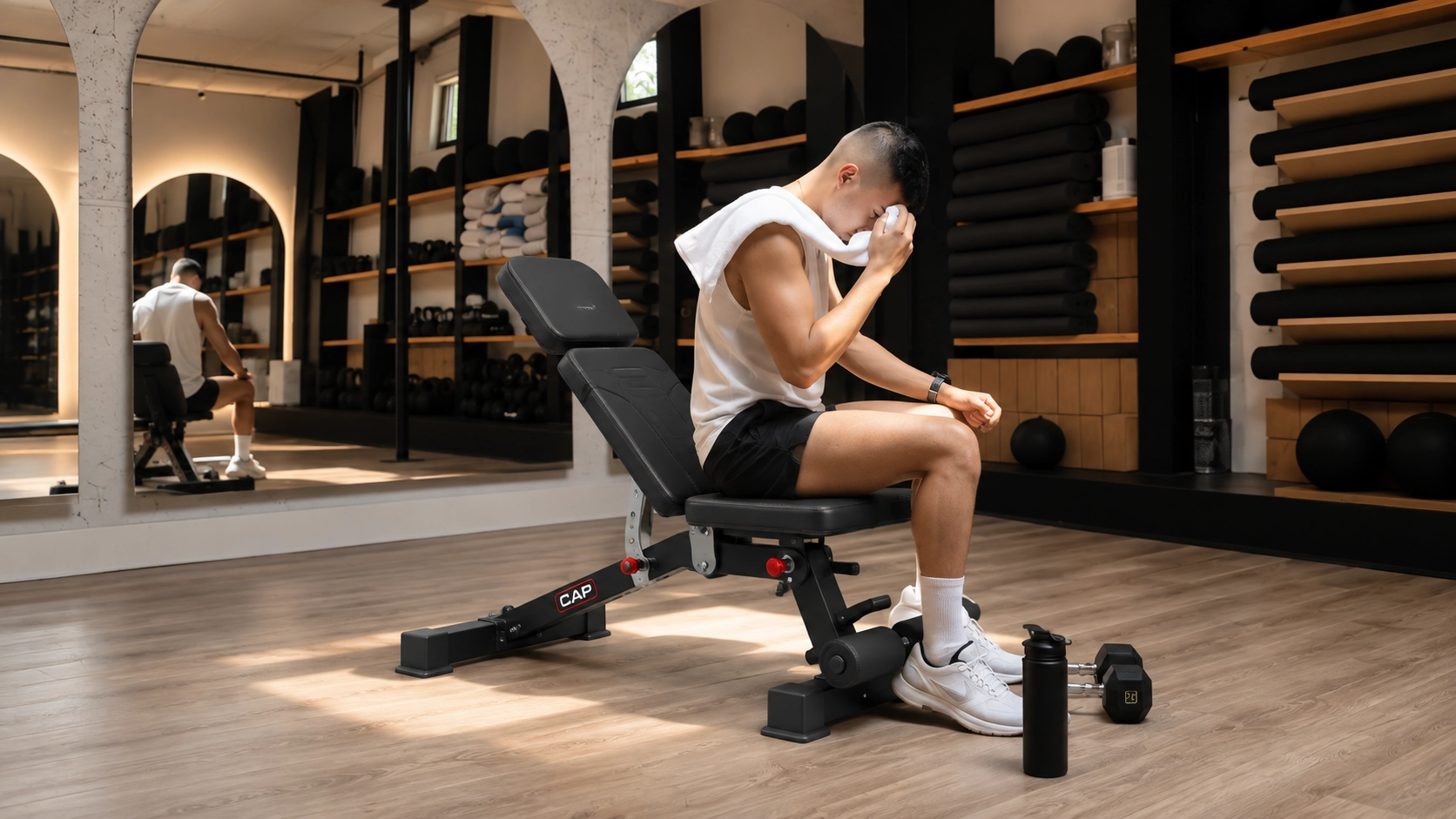 WB Adjustable under 200 Man wiping sweat while resting on adjustable weight bench in well-equipped gym