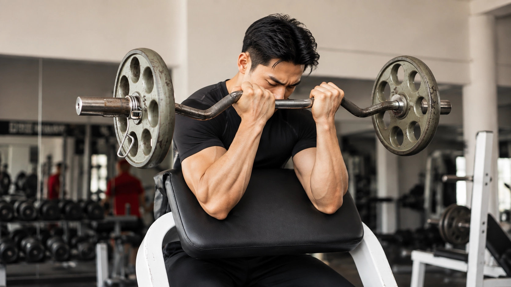 Man performing a barbell curl on a preacher bench demonstrating proper form for bicep isolation exercise