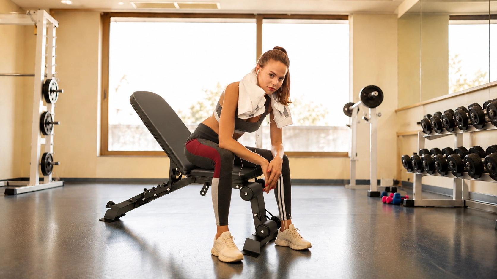 Woman using an adjustable weight bench with leg extension attachment in a modern gym environment with dumbbells