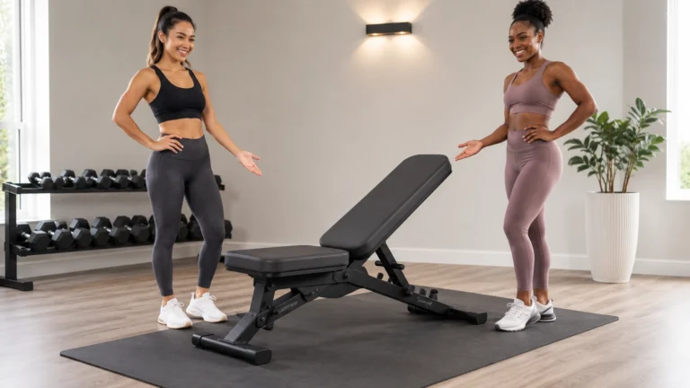 Asian woman and Black woman with pleased reactions standing next to a weight bench