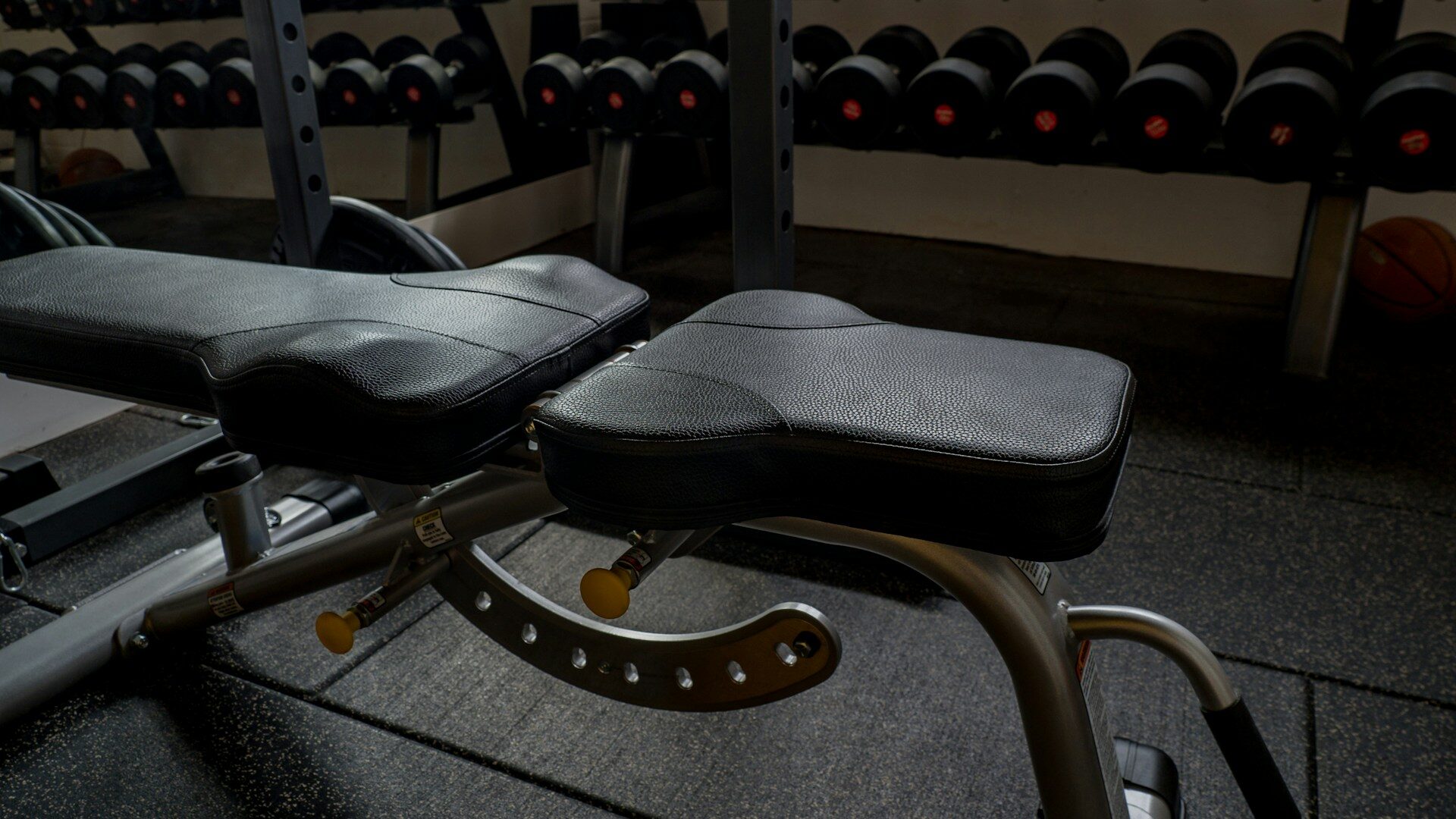 adjustable weight bench in front of a dumbbell rack Adjustable weight bench in front of a dumbbell rack