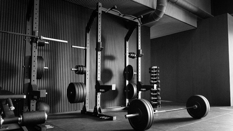 athlete performing barbell squat exercise inside a home gym Athlete performing barbell squat exercise inside a home gym power rack with safety bars