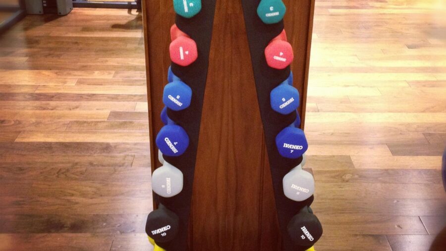 Home gym barbell storage rack with neatly arranged weight plates organized by size