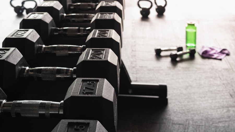 Home gym with dumbbells, barbell, and strength training equipment for complete workout setup