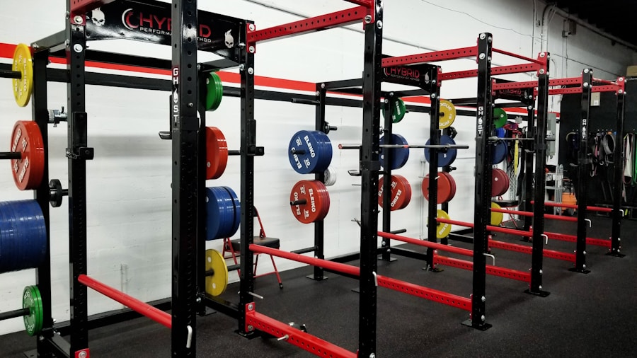 home gym with power rack positioned with adequate clearance Home gym with power rack positioned with adequate clearance for safe exercise execution