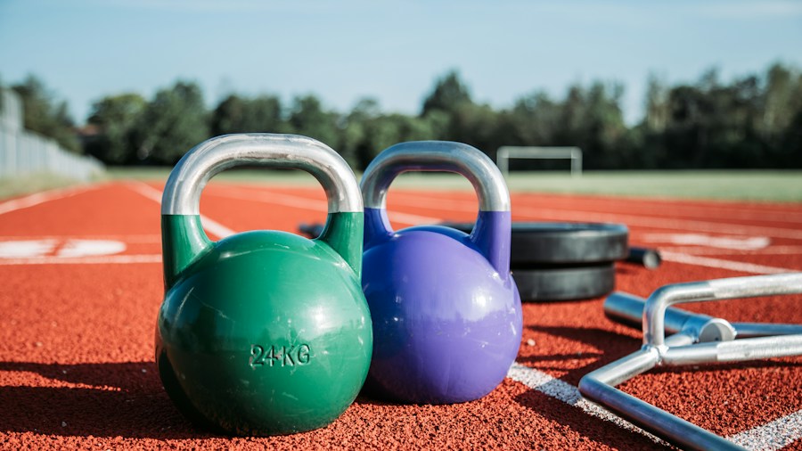 Kettlebells stored in organized home gym setup showing proper care and maintenance techniques