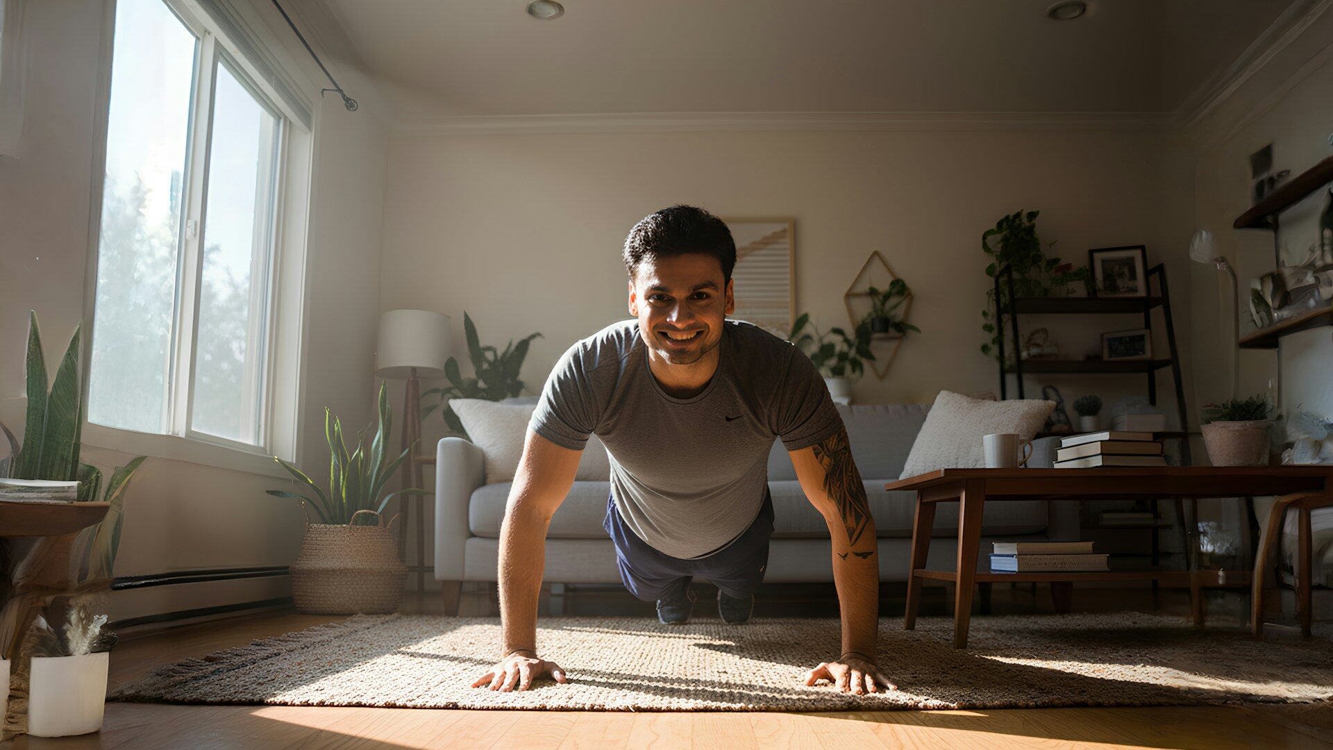 Man doing push-ups on a mat in a warm, sunlit living room